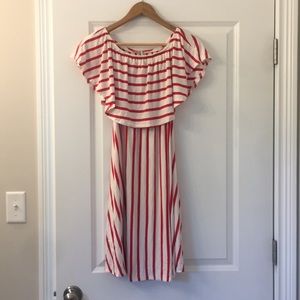 Red and white striped, off-the-shoulder maternity